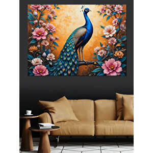 Pembe Çiçekli Tavus Kuşu Dekoratif Kanvas - Mdf Ahşap Tablo 35x50 cm