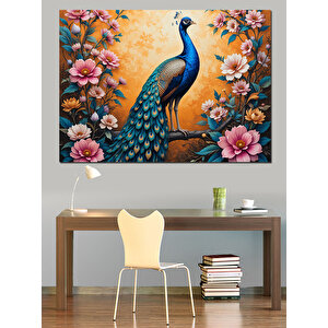 Pembe Çiçekli Tavus Kuşu Dekoratif Kanvas - Mdf Ahşap Tablo