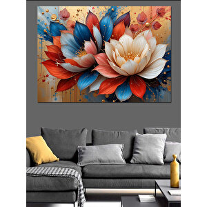 Kırmızı Mavi Lotus Çiçekleri Dekoratif Kanvas - Mdf Ahşap Tablo 100x140 cm