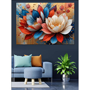 Kırmızı Mavi Lotus Çiçekleri Dekoratif Kanvas - Mdf Ahşap Tablo 100x140 cm