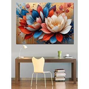 Kırmızı Mavi Lotus Çiçekleri Dekoratif Kanvas - Mdf Ahşap Tablo