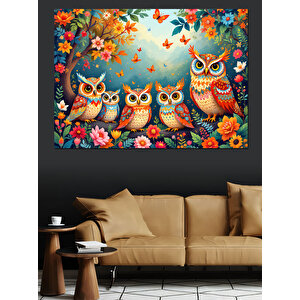 Çiçekler Arasında Baykuşlar Dekoratif Kanvas - Mdf Ahşap Tablo 100x140 cm