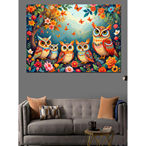 Çiçekler Arasında Baykuşlar Dekoratif Kanvas - Mdf Ahşap Tablo 100x140 cm