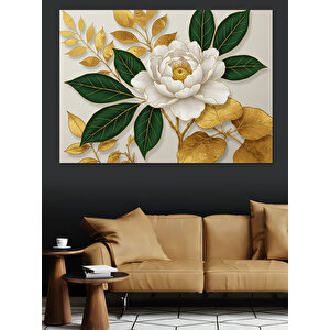 Altın Yapraklı Beyaz Çiçek Dekoratif Kanvas - Mdf Ahşap Tablo 25x35 cm