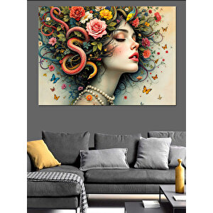 Çiçekli Saçlı Kadın Portresi Dekoratif Kanvas - Mdf Ahşap Tablo 100x140 cm