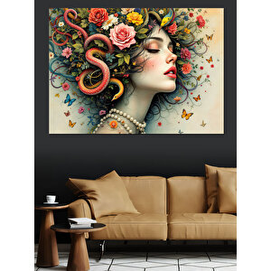 Çiçekli Saçlı Kadın Portresi Dekoratif Kanvas - Mdf Ahşap Tablo 100x140 cm