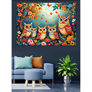 Çiçekler Arasında Baykuşlar Dekoratif Kanvas - Mdf Ahşap Tablo 35x50 cm