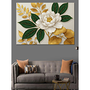 Altın Yapraklı Beyaz Çiçek Dekoratif Kanvas - Mdf Ahşap Tablo 70x100 cm