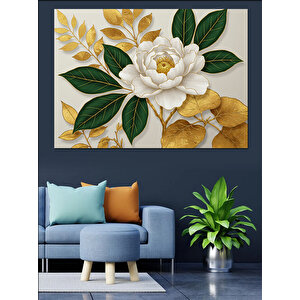 Altın Yapraklı Beyaz Çiçek Dekoratif Kanvas - Mdf Ahşap Tablo 35x50 cm