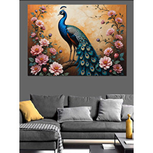 Çiçekler Arasında Tavus Kuşu Dekoratif Kanvas - Mdf Ahşap Tablo 100x140 cm