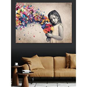 Çiçekler Ve Küçük Kız Dekoratif Kanvas - Mdf Ahşap Tablo 25x35 cm