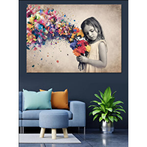 Çiçekler Ve Küçük Kız Dekoratif Kanvas - Mdf Ahşap Tablo 25x35 cm