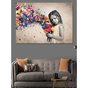 Çiçekler Ve Küçük Kız Dekoratif Kanvas - Mdf Ahşap Tablo 25x35 cm