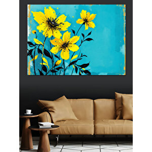 Canlı Sarı Arka Çiçekler Dekoratif Kanvas - Mdf Ahşap Tablo 100x140 cm