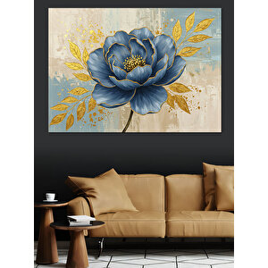 Altın Yapraklı Mavi Çiçek Dekoratif Kanvas - Mdf Ahşap Tablo 50x70 cm