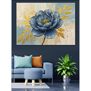 Altın Yapraklı Mavi Çiçek Dekoratif Kanvas - Mdf Ahşap Tablo 50x70 cm