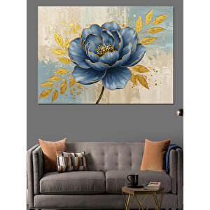 Altın Yapraklı Mavi Çiçek Dekoratif Kanvas - Mdf Ahşap Tablo 50x70 cm