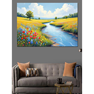 Çiçekli Dere Manzarası Dekoratif Kanvas - Mdf Ahşap Tablo 70x100 cm