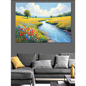 Çiçekli Dere Manzarası Dekoratif Kanvas - Mdf Ahşap Tablo 70x100 cm