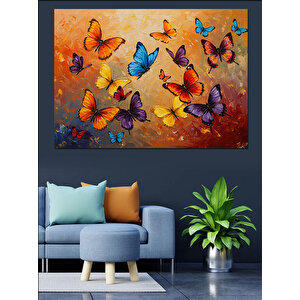 Renkli Kelebekler Turuncu Fon Dekoratif Kanvas - Mdf Ahşap Tablo 100x140 cm