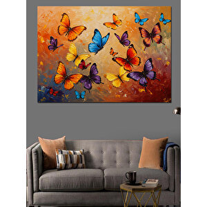 Renkli Kelebekler Turuncu Fon Dekoratif Kanvas - Mdf Ahşap Tablo 100x140 cm