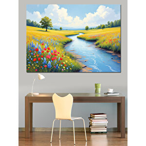 Çiçekli Dere Manzarası Dekoratif Kanvas - Mdf Ahşap Tablo 35x50 cm