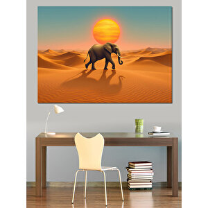 Çölde Yürüyen Yalnız Fil Dekoratif Kanvas - Mdf Ahşap Tablo 100x140 cm