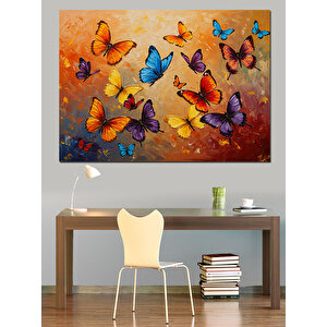 Renkli Kelebekler Turuncu Fon Dekoratif Kanvas - Mdf Ahşap Tablo 70x100 cm