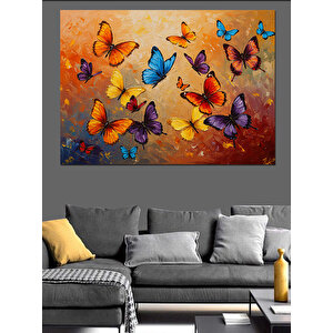Renkli Kelebekler Turuncu Fon Dekoratif Kanvas - Mdf Ahşap Tablo