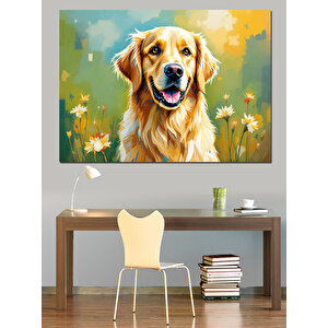 Çiçekli Arka Plan Altın Retriever Dekoratif Kanvas - Mdf Ahşap Tablo 70x100 cm