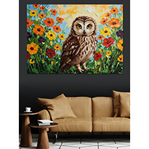 Çiçekler Arasında Minik Baykuş Dekoratif Kanvas - Mdf Ahşap Tablo 50x70 cm