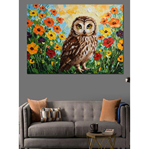 Çiçekler Arasında Minik Baykuş Dekoratif Kanvas - Mdf Ahşap Tablo 50x70 cm