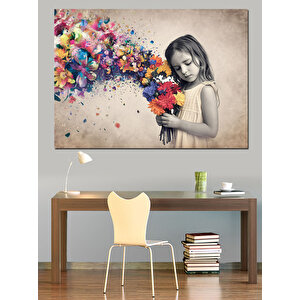 Çiçekler Ve Küçük Kız Dekoratif Kanvas - Mdf Ahşap Tablo