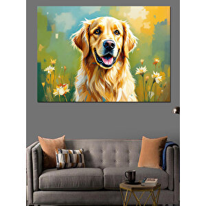 Çiçekli Arka Plan Altın Retriever Dekoratif Kanvas - Mdf Ahşap Tablo 100x140 cm