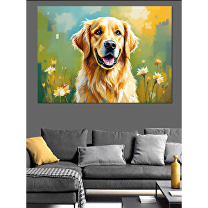 Çiçekli Arka Plan Altın Retriever Dekoratif Kanvas - Mdf Ahşap Tablo 100x140 cm