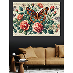 Güller Üzerine Kelebek Dekoratif Kanvas - Mdf Ahşap Tablo 100x140 cm