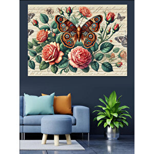 Güller Üzerine Kelebek Dekoratif Kanvas - Mdf Ahşap Tablo 100x140 cm