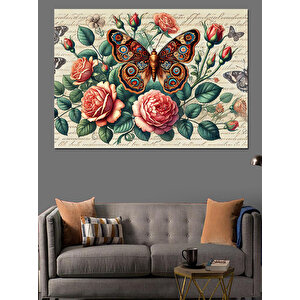 Güller Üzerine Kelebek Dekoratif Kanvas - Mdf Ahşap Tablo 70x100 cm