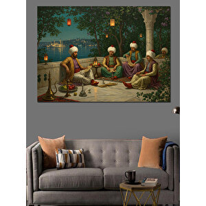 Bahçede Sohbetli Akşam Çayı Dekoratif Kanvas - Mdf Ahşap Tablo 50x70 cm