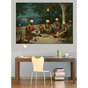 Bahçede Sohbetli Akşam Çayı Dekoratif Kanvas - Mdf Ahşap Tablo 50x70 cm