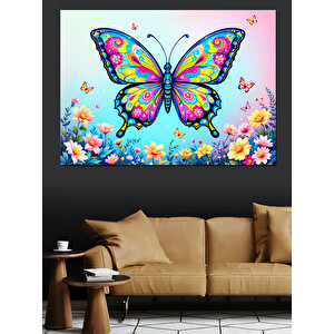 Renkli Çiçekli Kelebek Dekoratif Kanvas - Mdf Ahşap Tablo 50x70 cm