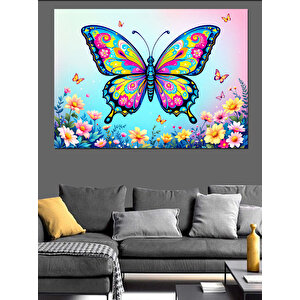 Renkli Çiçekli Kelebek Dekoratif Kanvas - Mdf Ahşap Tablo 100x140 cm