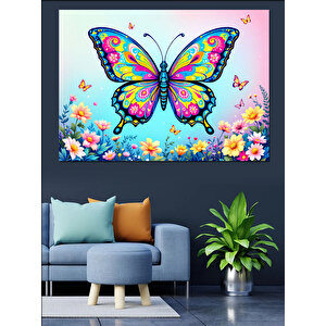 Renkli Çiçekli Kelebek Dekoratif Kanvas - Mdf Ahşap Tablo 100x140 cm