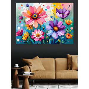 Renkli Bahar Çiçekleri Dekoratif Kanvas - Mdf Ahşap Tablo 50x70 cm