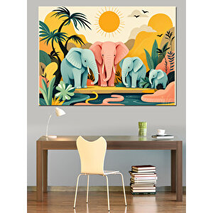 Fil Temalı Düz İllüstrasyon Dekoratif Kanvas - Mdf Ahşap Tablo