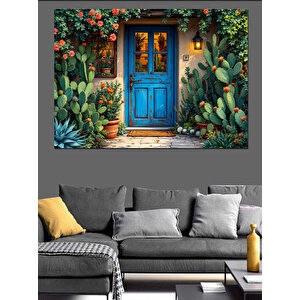 Çiçekli Mavi Kapı Dekoratif Kanvas - Mdf Ahşap Tablo 50x70 cm