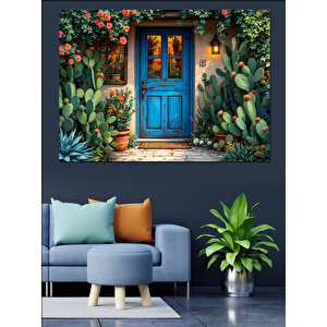Çiçekli Mavi Kapı Dekoratif Kanvas - Mdf Ahşap Tablo 50x70 cm