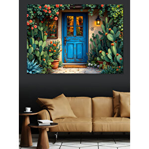 Çiçekli Mavi Kapı Dekoratif Kanvas - Mdf Ahşap Tablo 70x100 cm