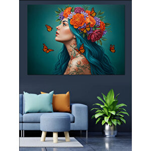 Kelebekli Çiçek Taçlı Kadın Dekoratif Kanvas - Mdf Ahşap Tablo 100x140 cm