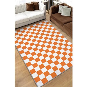 Minimalist Damalı Turuncu Beyaz Halı Kareli Oturma Odası Halısı Retro Tarzı Salon Halısı 160x240 cm